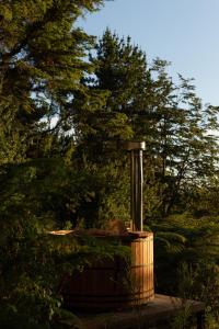 a hot tub in a garden with trees in the background at Hotel Puerta del Sur in Valdivia