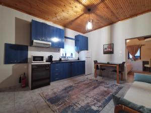 a kitchen with blue cabinets and a wooden ceiling at Olympia Project / Χώρος Διαμονής στην Αλμωπία in Exaplátanos
