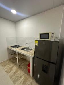 a small kitchen with a refrigerator and a sink at Three Cay Suites in Providencia