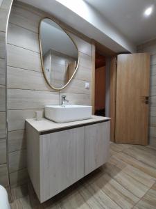 uma casa de banho com um lavatório e um espelho em Olympia Project / Χώρος Διαμονής στην Αλμωπία em Exaplátanos