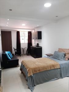 ein Schlafzimmer mit einem Bett und ein Wohnzimmer in der Unterkunft Apartaestudios norte de barranquilla in Barranquilla