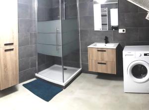 La salle de bains est pourvue d'une douche et d'un lave-linge. dans l'établissement SweetPlace Forever in Charleroi (Appart 4), à Charleroi