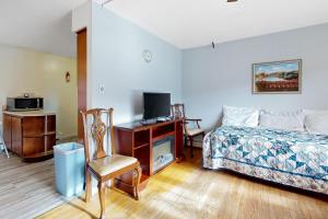 1 dormitorio con 1 cama, TV y silla en Shamentov Manor, en Monticello