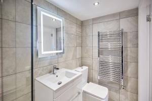 a bathroom with a toilet and a sink and a mirror at The Hideaway - Apartment 8 in Sunderland
