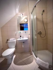 a bathroom with a toilet and a shower and a sink at Pensjonat Rondo in Września