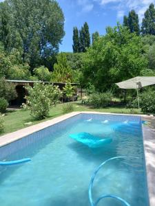 una gran piscina con una silla y una sombrilla en Cabañas LUNALUMA en Barrancas