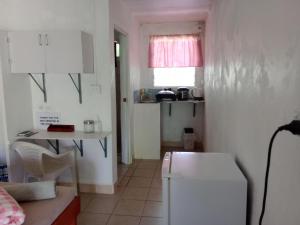 a kitchen with a white refrigerator and a table at Kathy B Guesthouse in Luganville