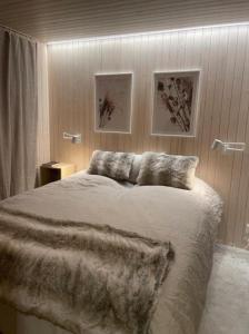Un dormitorio con una cama y dos cuadros en la pared. en Aamunkoi Skyview Villas A, en Syöte