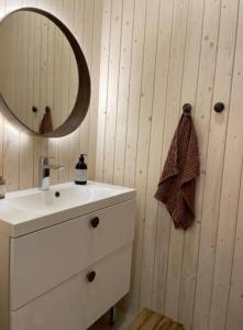 a bathroom with a white sink and a mirror at Aamunkoi Skyview Villas A in Syöte +44 photos