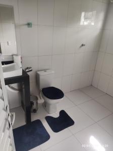 Casa do Valle Pirenópolis في بيرينوبوليس: حمام به مرحاض ومغسلة وسجادات زرقاء