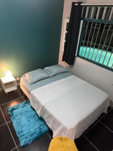 a bedroom with two beds and a window and a rug at Sermie T2 climatisé avec piscine in Kourou
