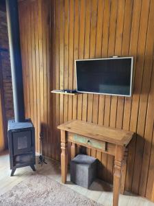 uma parede de madeira com uma televisão e um fogão a lenha em Chalés Altos Da Montanha- Everest em Bom Jardim da Serra