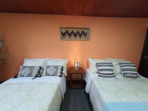 a room with two beds with a cat laying on them at Hospedaje rural - Finca la Aurora - Caqueza in Cáqueza