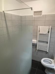 a bathroom with a toilet and a towel rack at Gasthof Lublass in Matrei in Osttirol