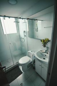 La salle de bains est pourvue d'une douche, de toilettes et d'un lavabo. dans l'établissement Lindo Apartamento - Central, à Manizales
