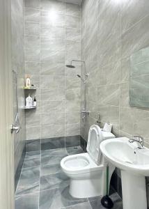 a bathroom with a toilet and a sink at Mojisu Homestay 麻吉宿 in Miri