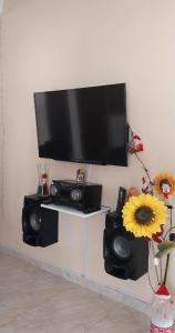a flat screen tv on a wall with speakers at acogedora casa Rochi in Guaduas