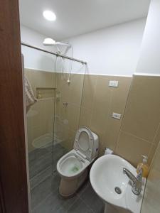 uma casa de banho com um WC, um lavatório e um chuveiro em Apartamento El Trébol 101 em Jardín