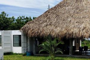 蒙特瑞科的住宿－Primera Casa de Contenedores en Monterrico.，茅草屋顶和棕榈树旁的小屋