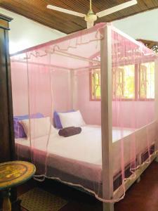 a bedroom with a canopy bed in a pink room at Delight Homestay in Ahangama