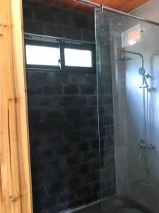 a shower with a glass door in a bathroom at Sapa Hillcrest homestay in Lao Cai