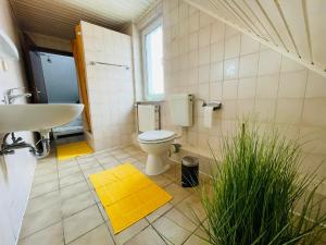 a bathroom with a toilet and a sink at Barbarosa Rüsselsheim Königstädten 1 in Königstädten