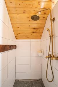 La salle de bains est pourvue d'une douche et d'un plafond en bois. dans l'établissement Agroturystyka BRYGADZIAKI, à Charbielin