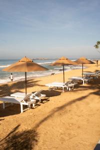 een groep strandstoelen en parasols op een strand bij Neevana Hotel Hikkaduwa in Hikkaduwa