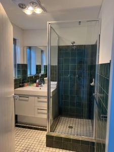 a bathroom with a glass shower and a sink at Ocean View 1 bedroom Private Apartment Near Maroubra Beach in Sydney