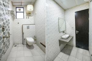 two pictures of a bathroom with a toilet and a sink at FabHotel Belwood in New Delhi