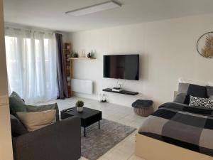 sala de estar con cama y TV de pantalla plana en Appartement Cosy proche Paris en Le Bourget