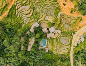 een uitzicht over een veld met bomen en struiken bij Pu Luong Jungle Lodge in Pu Luong