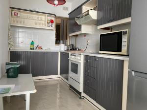 a small kitchen with gray cabinets and a microwave at Sea front apartment at Mellieha Bay, Malta! in Mellieħa