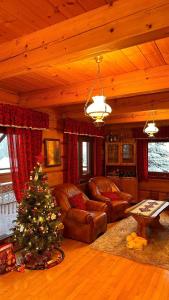 a living room with a christmas tree in a cabin at Góralska Chata & Spa in Muszyna