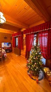 ein Weihnachtsbaum in einem Wohnzimmer mit einem Zimmer mit in der Unterkunft Góralska Chata & Spa in Muszyna