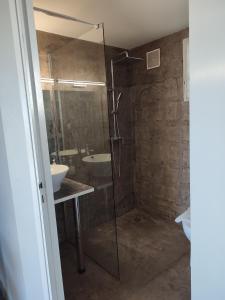 a bathroom with a glass shower and a sink at MARINA , 2mn à PIEDS PLAGE BOUCAN CANOT in Saint-Gilles les Bains