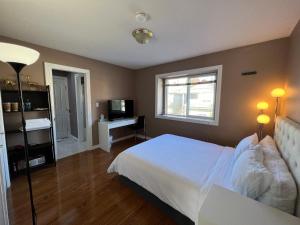 a bedroom with a bed and a desk and a television at Comfortable Utopia B&B in Richmond