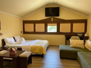 ein Schlafzimmer mit einem Bett, einem Sofa und einem TV in der Unterkunft Casa Maria Magdalena in Lipova