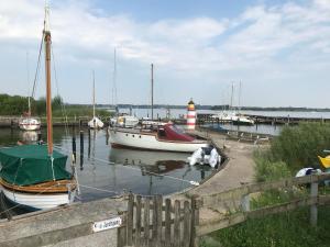 a group of boats are docked at a dock at Hafenwohnung in Borgwedel