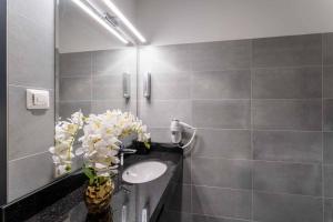 uma casa de banho com um lavatório e um vaso de flores em PLAZA Residence Wiener Neustadt em Wiener Neustadt