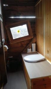 a small bathroom with a toilet and a window at Panorama Jurte über dem Uri-See B in Sisikon