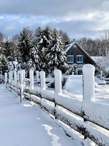 a fence covered in snow in front of a house at Chata na Zielonym Wzgórzu in Garcz