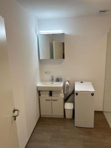 La salle de bains blanche est pourvue d'un lavabo et d'un miroir. dans l'établissement STAGE4, à Feldkirch