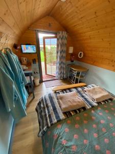 a room with a bed and a desk in a cabin at Country pod with wood fired hot tub in Clodock