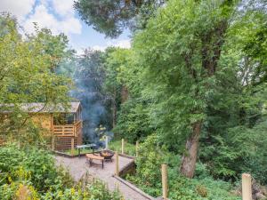 a log cabin in the woods with a fire pit at 1 Bed in Ironbridge 88768 in Leighton