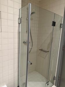 eine Dusche mit Glastür im Bad in der Unterkunft Lodge Euphoria Studio in Borowez