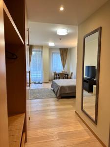 ein Hotelzimmer mit einem Bett und einem Spiegel in der Unterkunft Lodge Euphoria Studio in Borowez