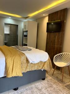 a bedroom with a bed with a television and a chair at Le Rosette Residence in Empangeni