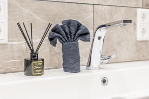 un lavandino in bagno con spazzola e rubinetto di Luxus Penthouse, Klima, BBQ, Whirlpool a Warendorf