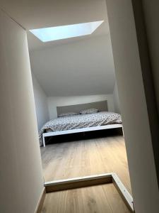 a bedroom with a bed in a room with a skylight at Superbe duplex hypercentre dans une rue piétonne in Limoges